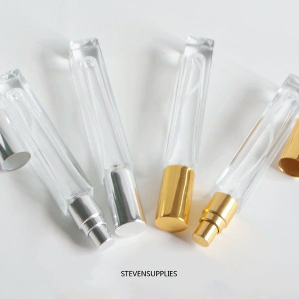 Flacon vaporisateur de parfum de luxe en verre transparent de 10 ml, couvercles de vaporisateur cosmétiques dorés et argentés, tubes de forme carrée, parfum brume fine pour atomiseur, vrac