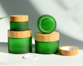 30g/50g/150g/200g Green Round Glass Jars, with Inner Liners and Natural Bamboo Lids for Makeup Lip Scrub Balm Lotions Sample Eye Creams DIY