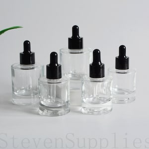 Flaconi contagocce in vetro trasparente da 30 ml 50 ml Flaconi contagocce per bottiglie di olio essenziale di profumo con suola spessa a spalla piatta con contagocce nero