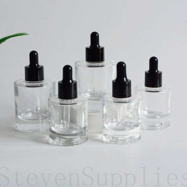 30ml 50ml Clear Glass Dropper Bottles Flat Shoulder Thick-soled Perfume Essential Oil Bottle Eye Dropper Bottles with Black Dropper