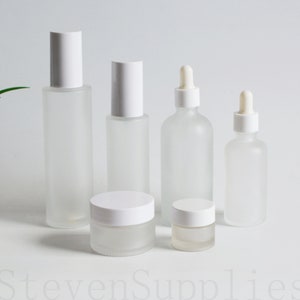 Refillable Frosted Glass Cosmetic Packaging Set White Lids Cream Jars Lotion/Fine Mist Spray/ Dropper Bottle Travel Size Bottles Bulk Order