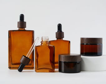 5ml-100ml Cosmetic Dropper And Cream Jar Glass Dropper Bottle For Essential Oil Cream Jar Facial Skin Care Pot Jar Amber Glass Wood Look Cap