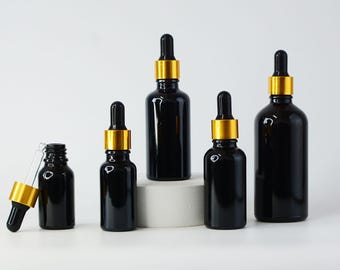 5ml 15ml 30ml 50ml 100ml Dropper Bottles Luxury Shiny Black Glass Golden Cap Skin Care Essential Oil Container Wholesale Dropper Container