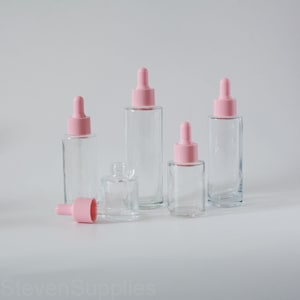 20~100ml Clear Glass Bottles Pink Caps Empty Tincture Bottles for Essential Oils Perfume Cosmetic Dropper Packaging Skin Care BULK