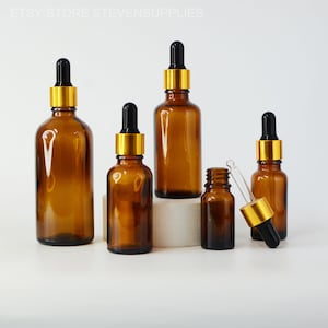 5ml 15ml 30ml 50ml 100ml Amber Glass Dropper Bottles, Golden Tops Serum Pipette, Cosmetic Essential Oil Dropper Bottle Packaging, Bulk