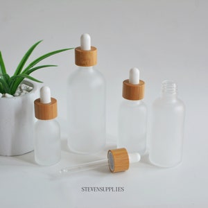 5ml-100ml 2024 New Style  Natural Bamboo Wooden Caps Frosted Glass Dropper Bottle Essential Oil Dropper Body Serum Packaging, Wholesale