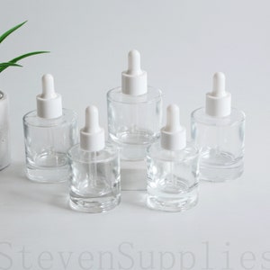 Flaconi contagocce per olio essenziale di profumo in vetro trasparente da 30 ml e 50 ml, flaconi contagocce per tintura con suola spessa e spalla piatta, flaconi contagocce con contagocce bianco