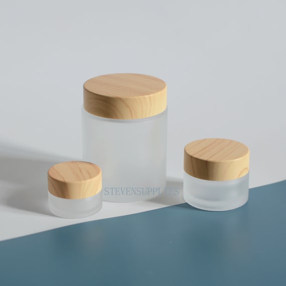 5g 15g 30g 50g 100g Empty Bamboo Wooden Printing Empty Cream Jar Container,  Frosted Glass Beauty Cosmetic Packaging, PLASTIC Cap, Wholesale