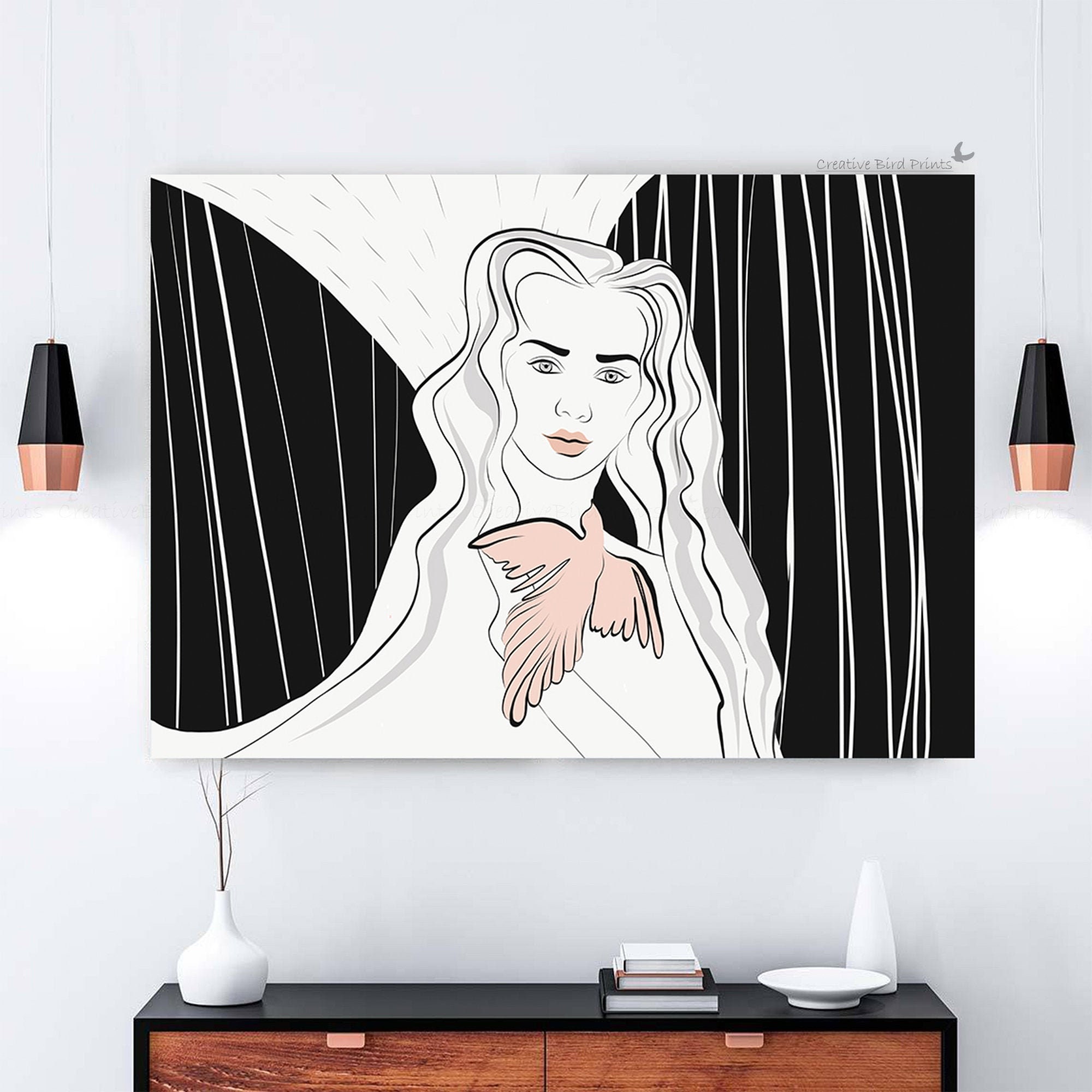 Modern woman line art Printable wall art woman with a bird | Etsy