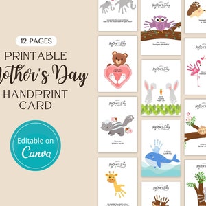 Tarjeta de felicitación para el Día de la Madre hecha a mano, huella de animal, regalos para mamá, carta con poema para la abuela, manualidad para preescolar, descarga instantánea, plantilla Canva