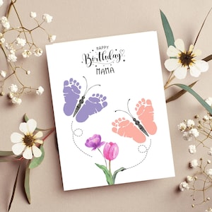 Tarjeta de mariposa imprimible, tarjeta de cumpleaños con huella de mano para mamá, regalos para mamá, tarjeta artesanal para abuela, manualidad preescolar, plantilla de Canva
