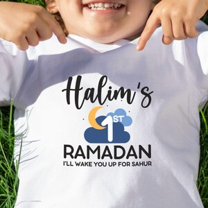 Custom First Ramadan Infant Onesies, Personalized Kids Tshirt, Ramadan Mubarak Gift, Islamic Eid Holiday, Muslim Baby Boy or Girl Bodysuit