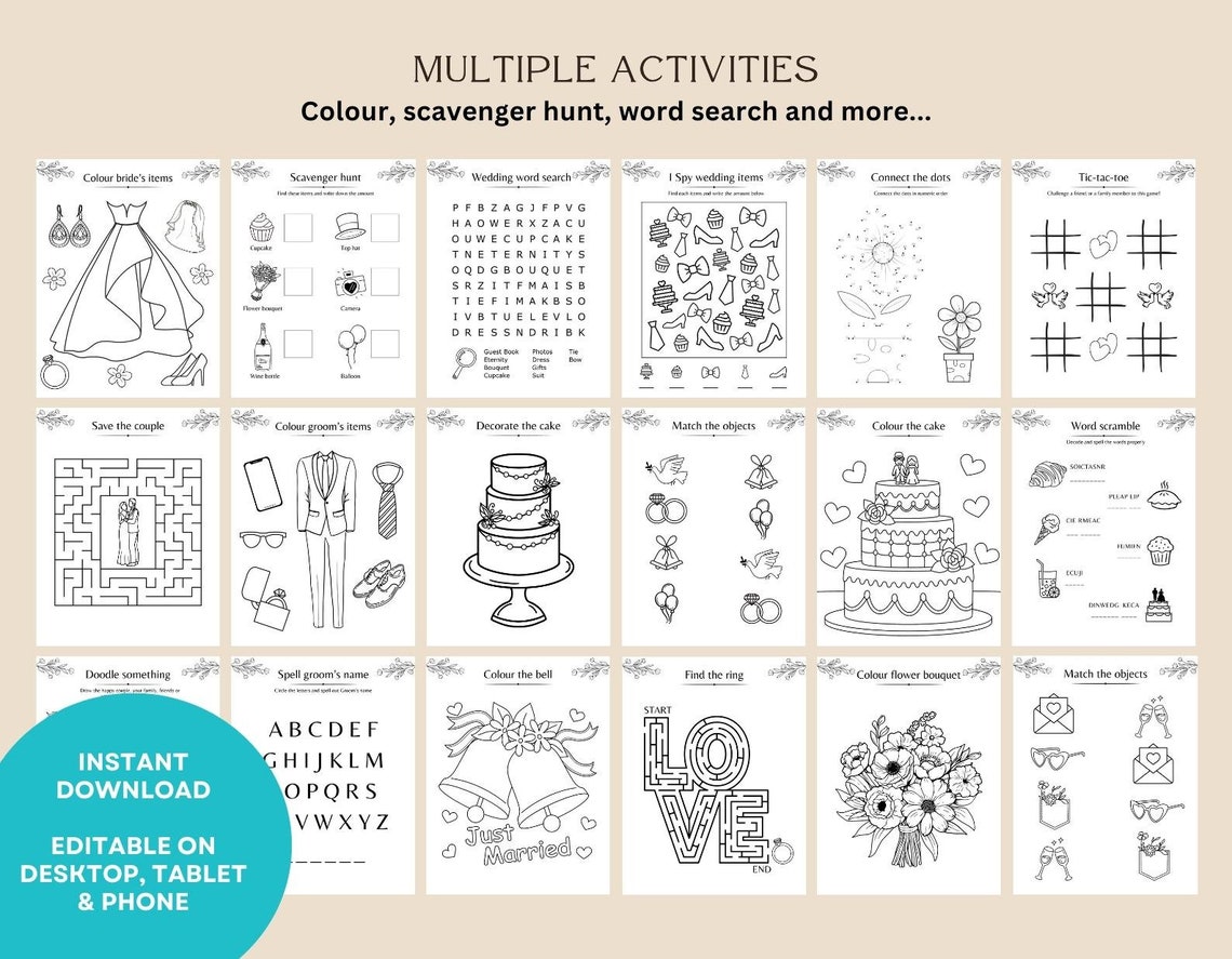 Kids Wedding Activity Booklet, 30 Pages, A4 Coloring Handout, Floral ...