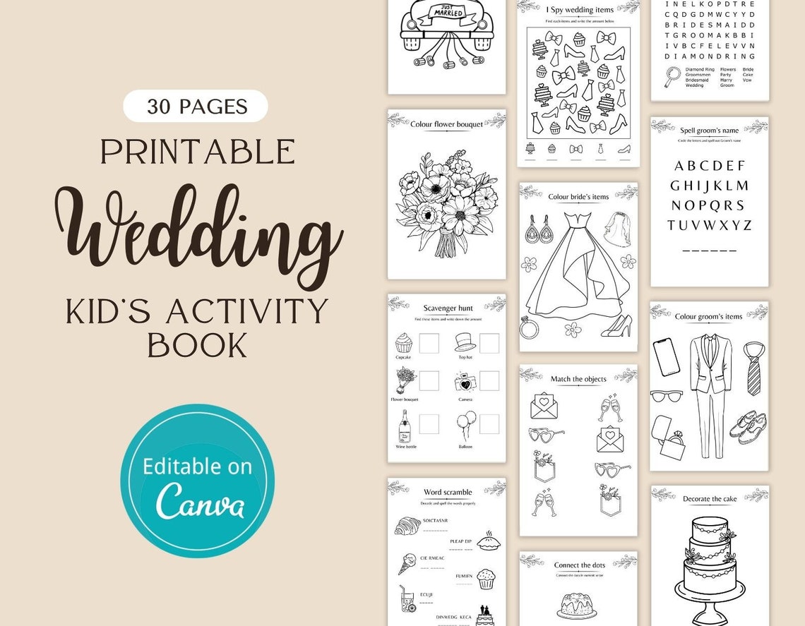 Kids Wedding Activity Booklet, 30 Pages, A4 Coloring Handout, Floral ...