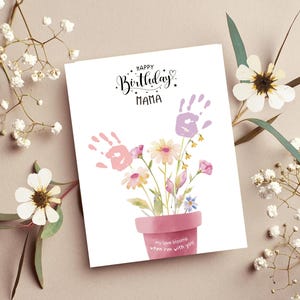 Cartão de aniversário de mamãe para impressão, flor de impressão de mão, presentes para a mãe, cartão de artesanato para a avó, artesanato pré-escolar, modelo Canva