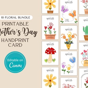 Cartão de felicitações para o dia das mães, flor de impressão de mão faça você mesmo, presentes para a mãe, presentes para a avó, artesanato de arte pré-escolar, download instantâneo, modelo Canva