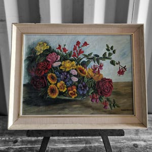 Signed Vintage Still Life of Flowers Oil on Board
