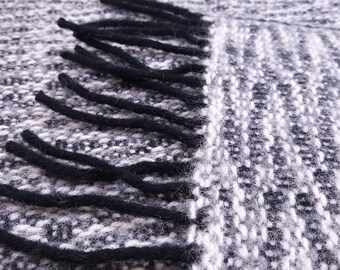 Unique Design Dark Fringe Wool Throw, Textured Modern Black White Grey Wool Blanket, Nordic Wool Winter Plaid From Sustainable Soft Wool