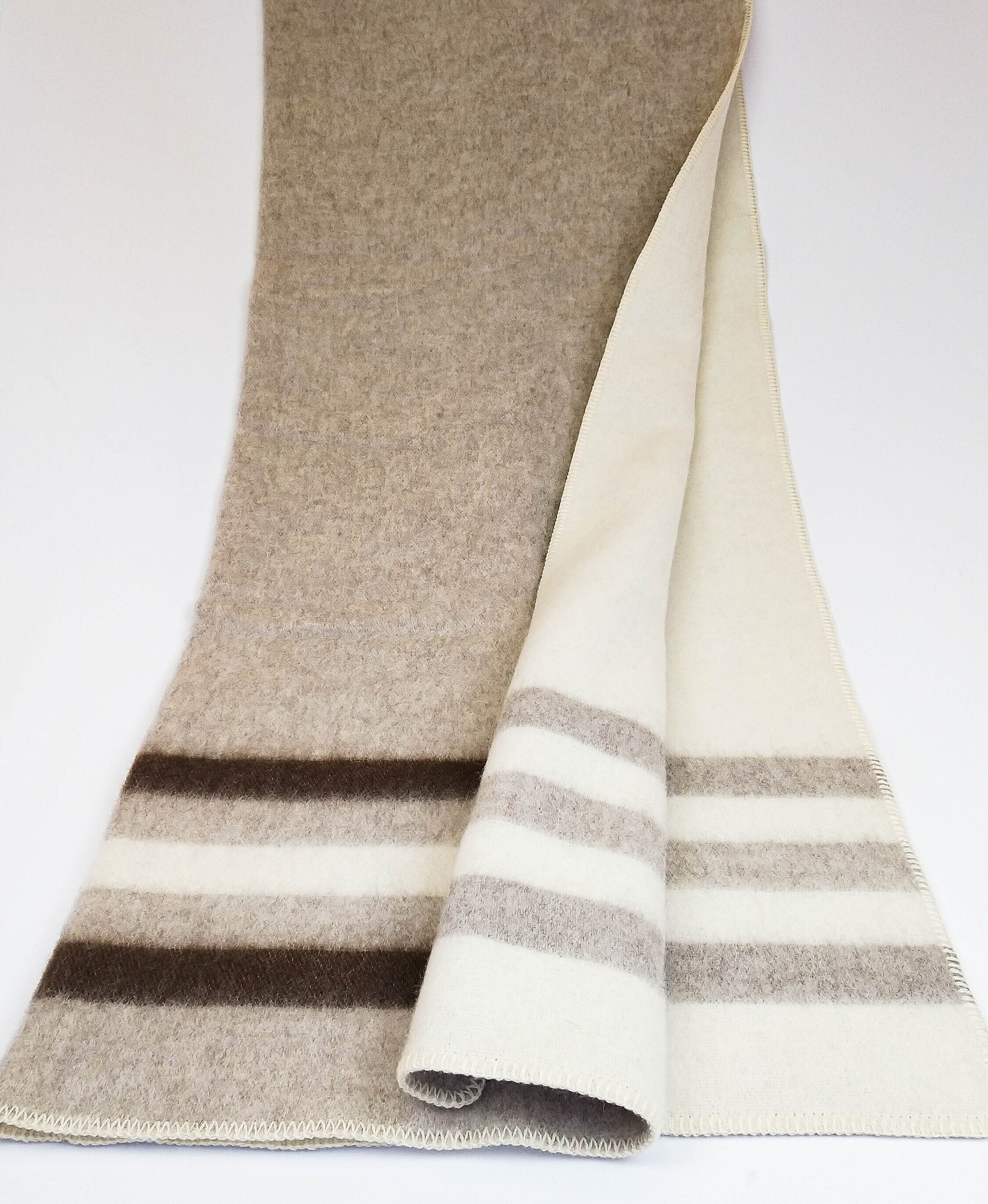 Cream Beige Wool and Cotton Throw, Brown and White Trapper Wool Blanket