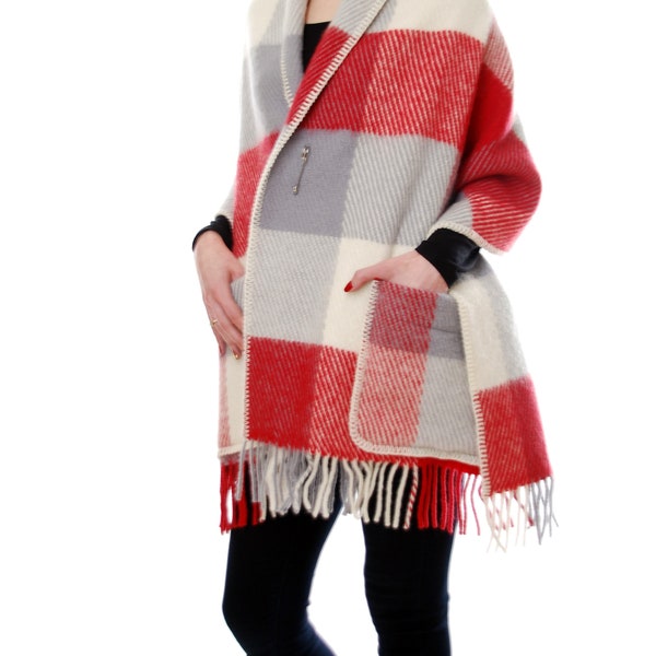 Red White Color Block Shawl with Pockets, Fringed Winter Blanket Scarf, Sheep Wool Soft Travel Wrap, Warm Colorful Checked Plaid Shawl.