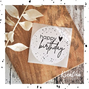 Aufkleber rund "happy birthday" 5 cm (2") Durchmesser / Etiketten / Sticker / Thermo / schwarz weiss / Geschenk