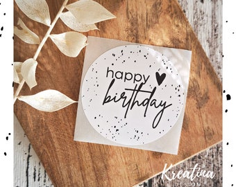 Aufkleber rund "happy birthday" 5 cm (2") Durchmesser / Etiketten / Sticker / Thermo / schwarz weiss / Geschenk