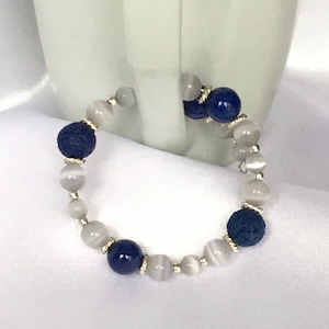 Silver/Blue/Gray Diffusing Wrap Bracelet w/ Crystal Pearls, Cat’s Eye, Lava Stone, & Pewter Spacer Beads