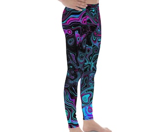 Trippy Men’s Leggings, Yoga Leggings for Men, Retro Aqua Magenta and Black Abstract Swirl, Fitness and Workout Active Wear, Athletic Pants
