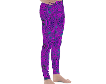 Cool Men’s Leggings, Trippy Retro Magenta and Black Abstract Pattern, Yoga Leggings for Men, Fitness and Workout Active Wear, Athletic Pants