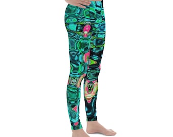 Men’s Leggings | Cosmic Abstract Green and Black Retro Ripples | Yoga Leggings for Men | Fitness and Workout Active Wear | Athletic Pants