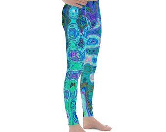 Men’s Leggings | Abstract Colorful Blue Wavy Mosaic Retro Design | Yoga Leggings for Men | Fitness and Workout Active Wear | Athletic Pants
