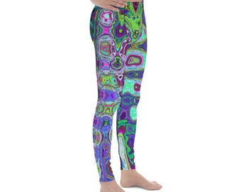 Men’s Leggings | Abstract Green and Purple Wavy Mosaic Retro | Yoga Leggings for Men | Fitness and Workout Active Wear | Athletic Pants