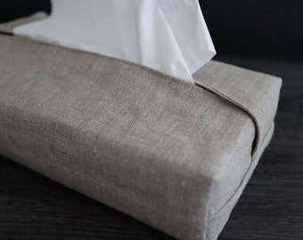 Decorative linen cover for tissue box made of 100% linen.