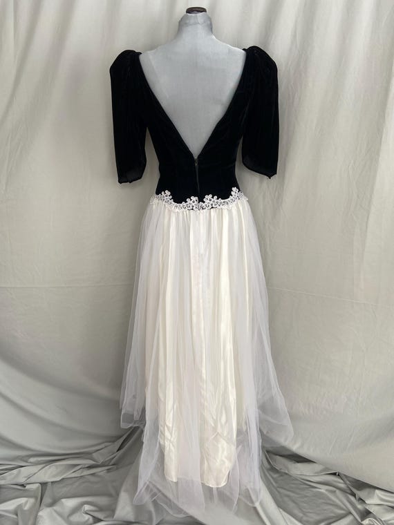 XXS 1980s Blue Lamé Prom Dress Asymmetric Black Velvet Full Skirt