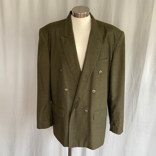 Green 1980s double breasted sport coat with big shoulders, mens size 46 olive green 80s jacket, green Miami Vice style mens jacket