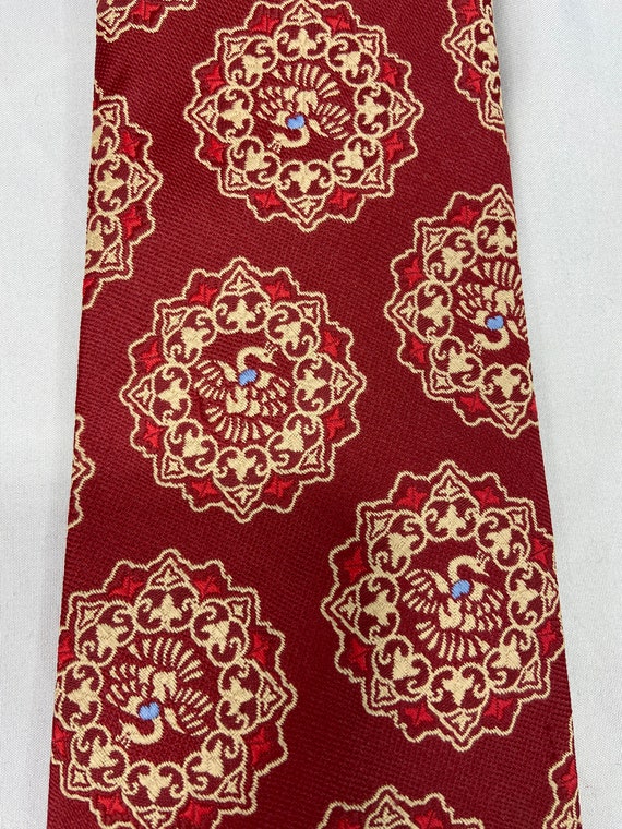 Red polyester necktie, peacock pattern, wide burg… - image 3