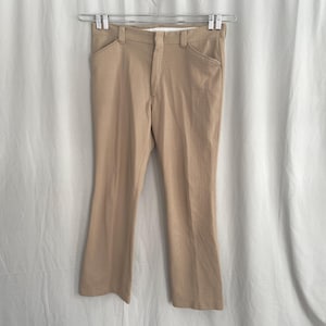 Mens tan polyester pants with textured fabric 36W 31L, light brown 1970s double-knit trousers, mens disco pants