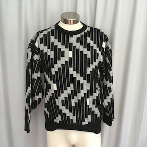 Mens gray black and white 1980s sweater with geometric pattern, mens black and gray pullover sweater, 80s mens sweater