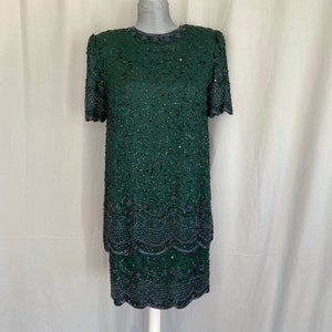 Green beaded dress with black beading and scalloped hem, new with tags, dark green beaded gown with original tags, NOS, dark green gown