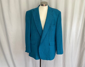 Bright blue mens blazer size 54R, blue hopsack big & tall sportcoat, mens blue jacket with gold buttons, made in USA, mens large blazer