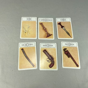 Lote de 6 cartas de repuesto para juegos de mesa Clue, cartas de armas Clue de 1972/1979, piezas de repuesto para Clue Detective Game