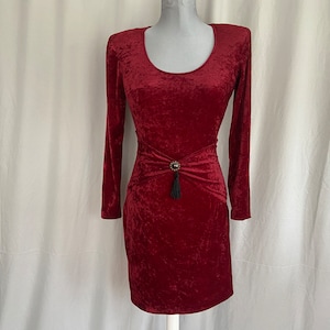 Burgundy velour dress in gothic style, long sleeved stretch velvet dress, small crushed velvet scoop neck goth dress