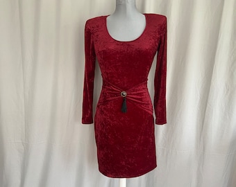 Burgundy velour dress in gothic style, long sleeved stretch velvet dress, small crushed velvet scoop neck goth dress