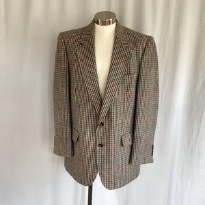 Gray / tan 1980s woven wool sport coat, vintage 80s mens blazer size 44L Tall, mens wool houndstooth jacket with pink & green accents