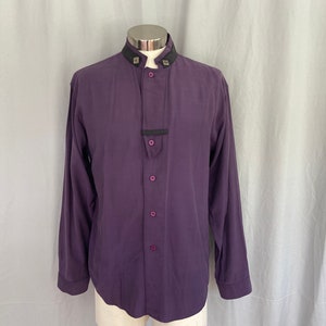 Purple 1990s mens long sleeved shirt with black accents and band collar, 90s purple mens button up shirt, size Large