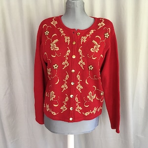 Red womens cardigan with gold beads, red Christmas sweater with gold accents, cotton blend womens cardigan, red holiday sweater with gold