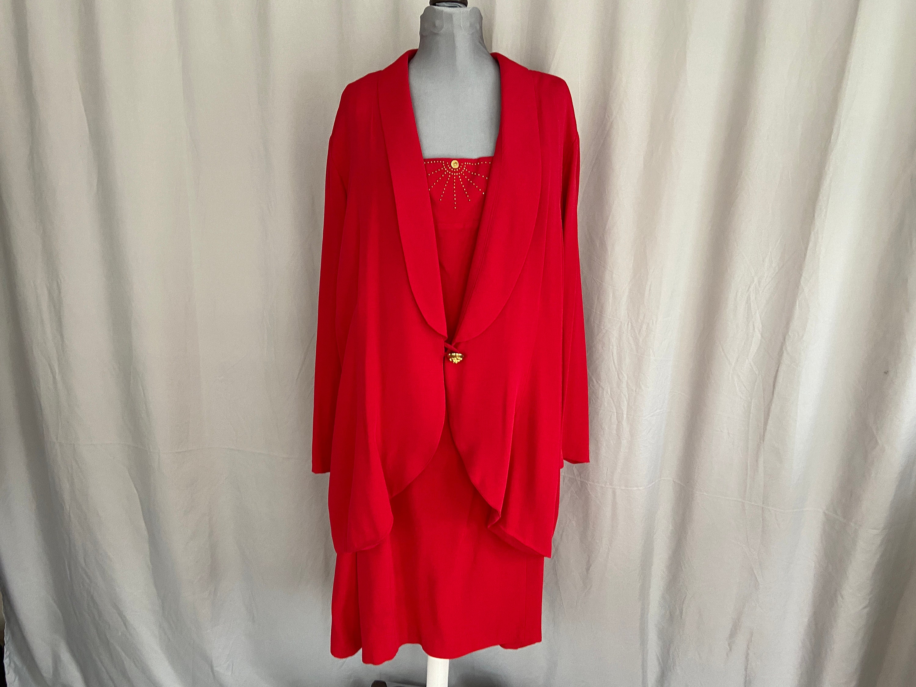 red jacket dress plus size Red Plus Size Dress With Jacket, Womens Plus Size Red Suit, Dress and Matching Jacket, Gold Trim, Sleeveless Dress With Jacket, Womens Suit