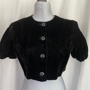 Black velvet bolero jacket from the 1940&#39;s or 1950&#39;s, 40&#39;s style short sleeved womens jacket top in black velvet, vintage velvet shrug