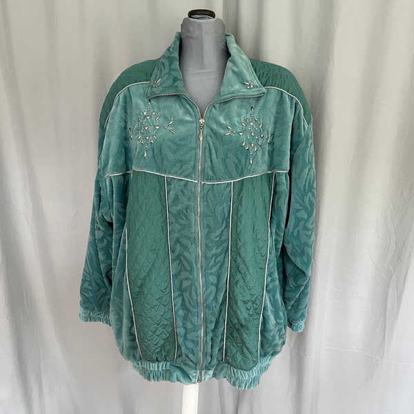 Vintage 1980s green velour jacket with silver accents, plus size zip front velour jacket, soft green womens lightweight jacket, size Large