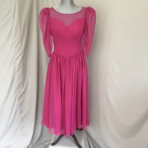Fuchsia magenta purple party dress, vintage dress with sheer sleeves, big shoulder dress, pink 1980s prom dress, red 80s party dress